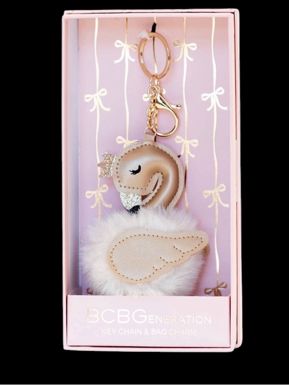 BCBGeneration Metallic Gold Swan Pom-Pom Keychain NWT